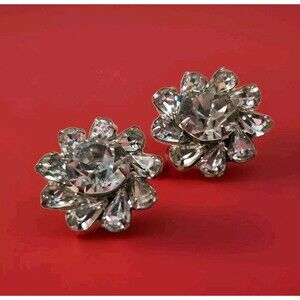 Vtg Rhinestone Earrings Clip-On Cluster Flower Costume Clear Colorless Jewelry
